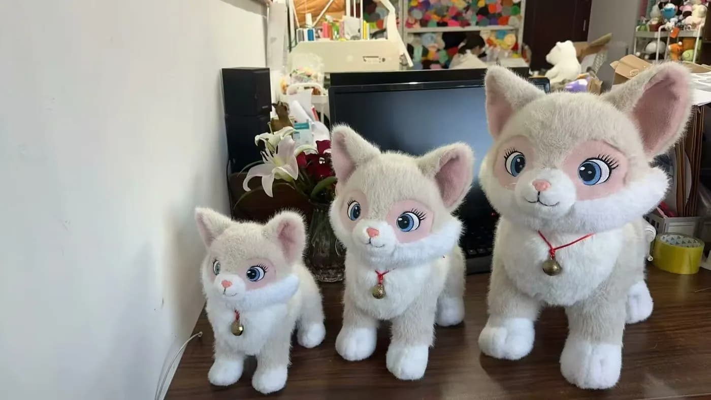 One cat plush pattern sewn at three sizes on the sample desk