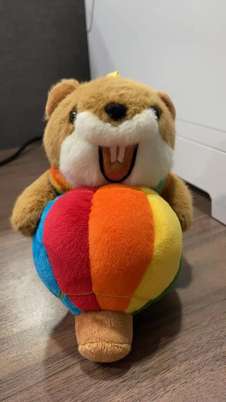 Squirrel plush toy hugging a rainbow patchwork ball